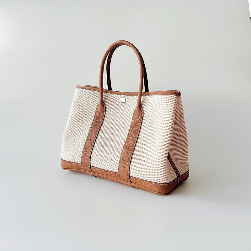 Hermès - Hermès Garden Party 30 Negonda Leather Canvas Tote Bag-Beige Tan Silver Hardware