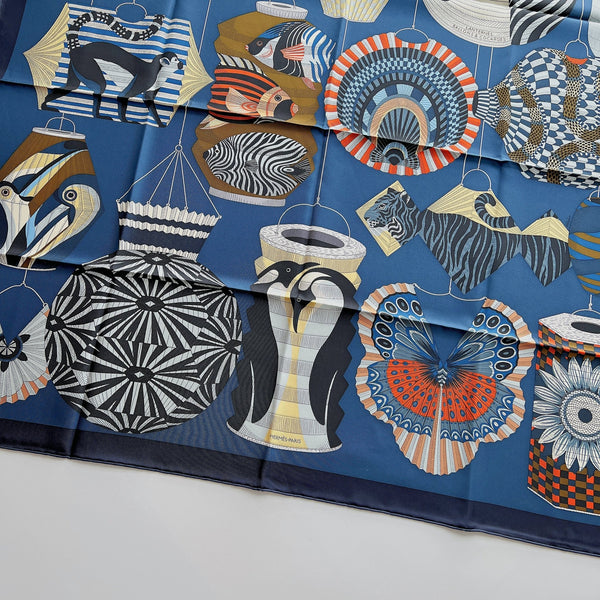 Hermes Lanternes, Ballons Et Cocardes Scarf 90 In Navy Blue and Bronze - Found Fashion