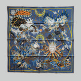 Hermes Le Sacre des Saisons scarf 90 In Navy Blue, Caramel And Gold - Found Fashion