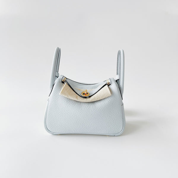 Hermes Mini Lindy In Bleu Pale Clemence Leather With Gold Hardware (Pale Blue) - Found Fashion