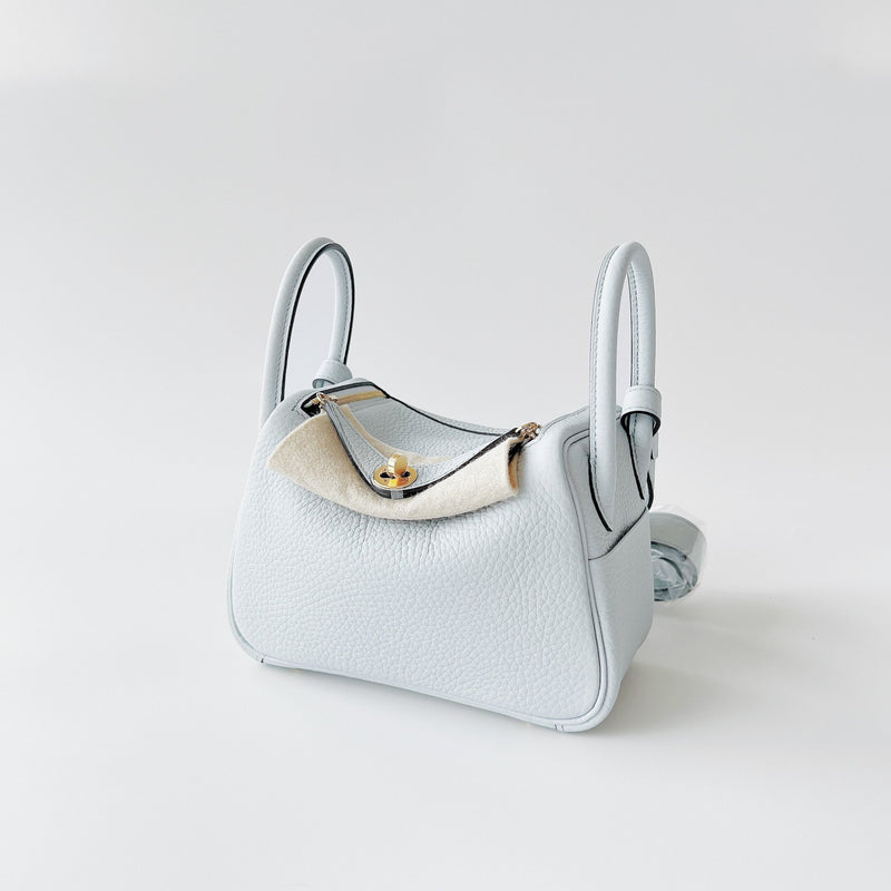 Hermes Mini Lindy In Bleu Pale Clemence Leather With Gold Hardware (Pale Blue) - Found Fashion