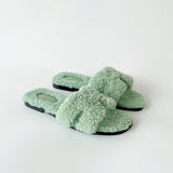 Hermès Oran Woolskin Fluffy Fur Sandals | Vert D'Eau | Size 38.5 - Found Fashion