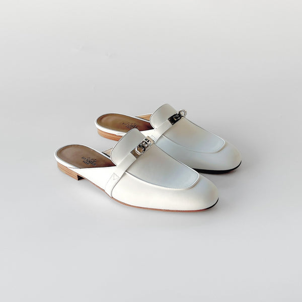 Hermes Oz Mule In White With Silver Hardware, Women's Size 39 EU - Found Fashion