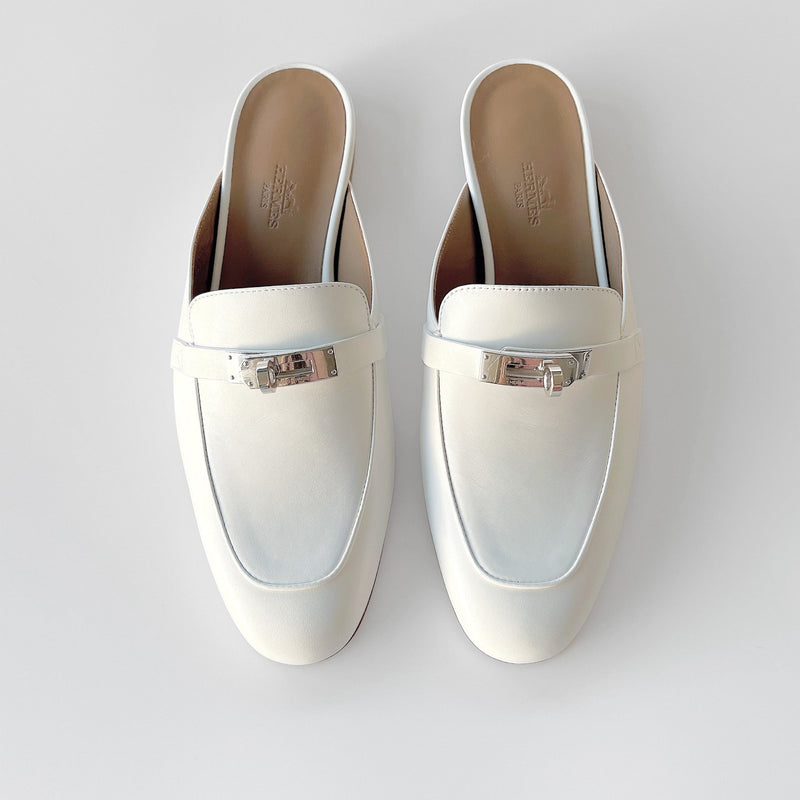Hermes Oz Mule In White With Silver Hardware, Women's Size 39 EU - Found Fashion