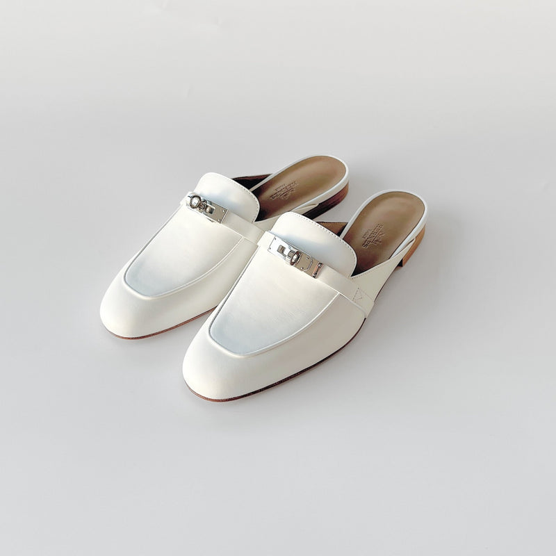 Hermes Oz Mule In White With Silver Hardware, Women's Size 39 EU - Found Fashion