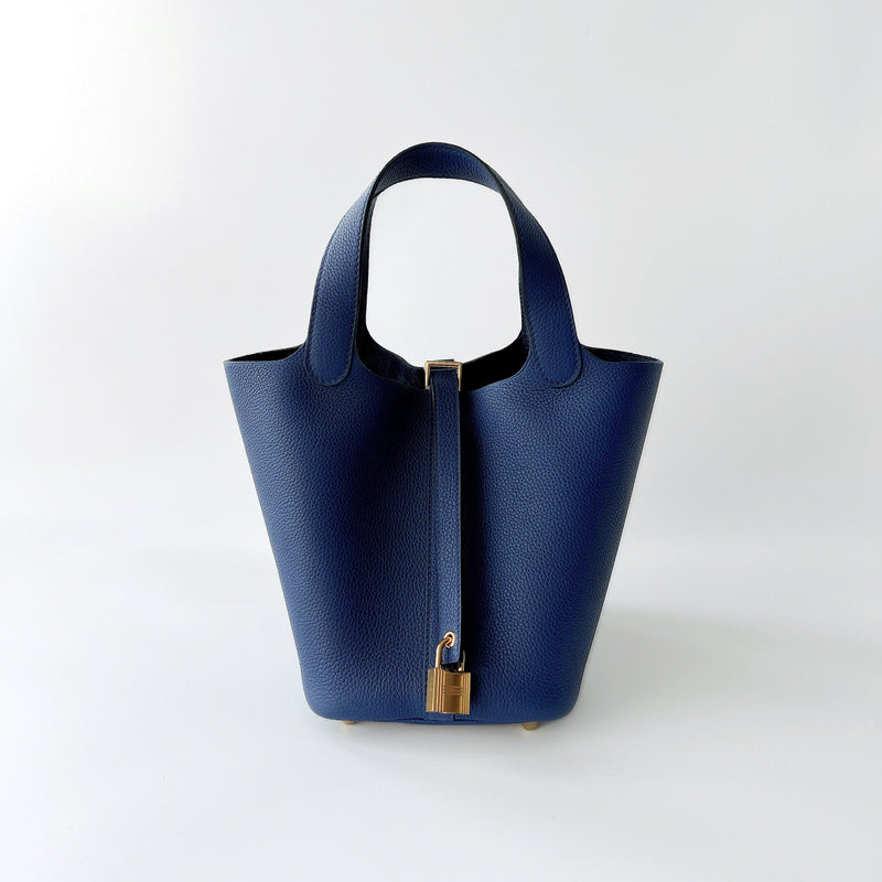 Hermes Picotin Lock Bag 18 In Bleu Saphir Leather And Gold Hardware - Found Fashion