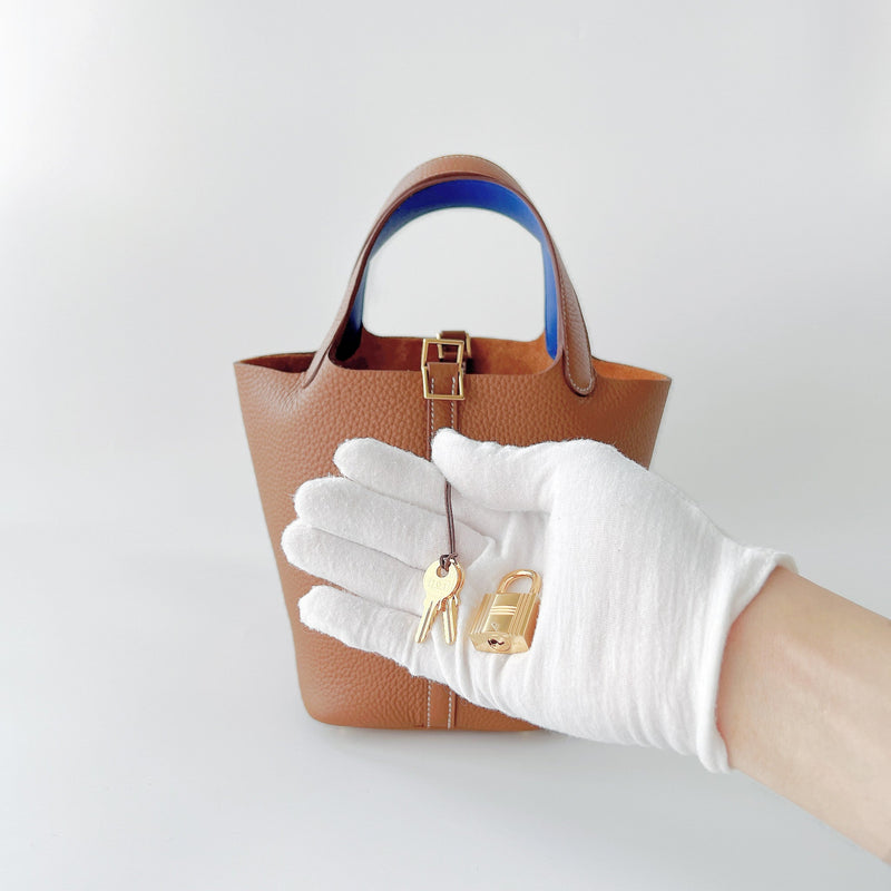Hermes Rare Picotin 18 In Gold And Bleu Royale With Gold Hardware - Found Fashion