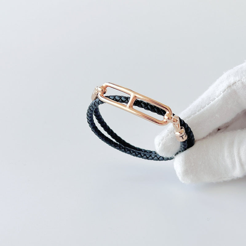 Hermes Roulis Double Tour Bracelet In Black With A Rose Gold Closure - Found Fashion