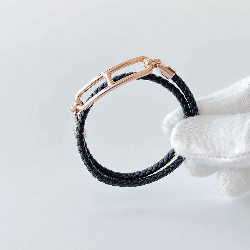 Hermes Roulis Double Tour Bracelet In Black With A Rose Gold Closure - Found Fashion