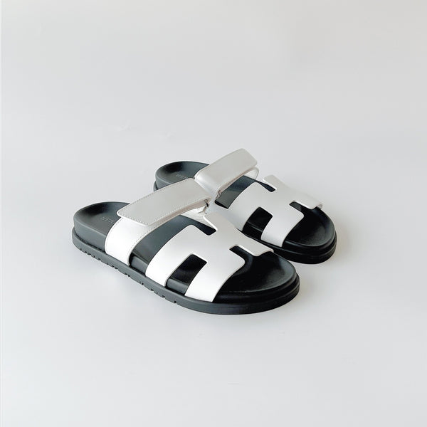 Hermes Women's Chypre Sandal In White & Black Leather, Size 36 - Found Fashion