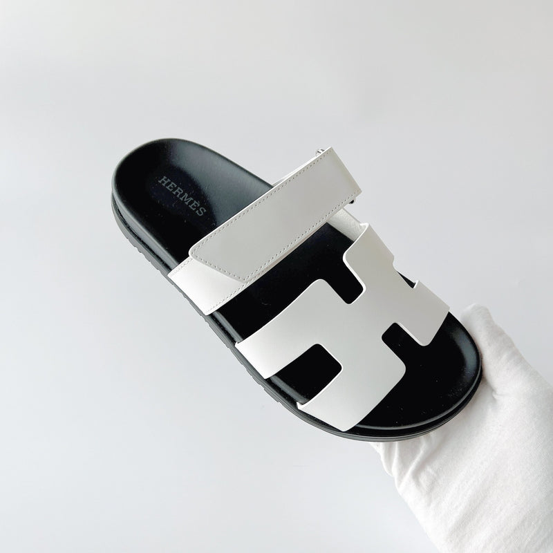 Hermes Women's Chypre Sandal In White & Black Leather, Size 36 - Found Fashion