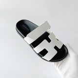 Hermes Women's Chypre Sandal In White & Black Leather, Size 39 - Found Fashion