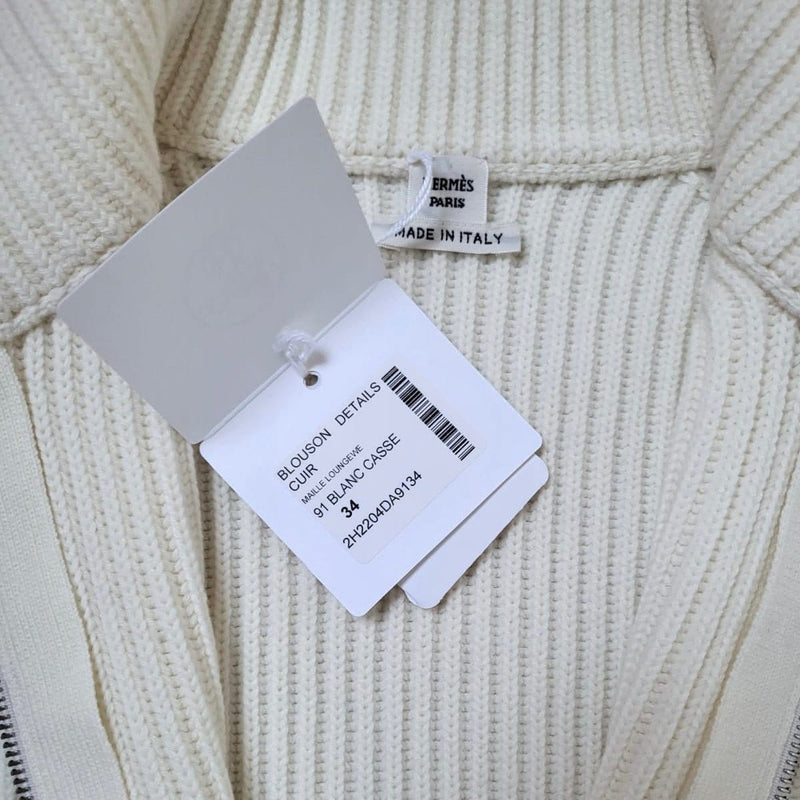 Hermes Women's Wool Knit Jacket With Leather Details In Cream, Size 34 - Found Fashion