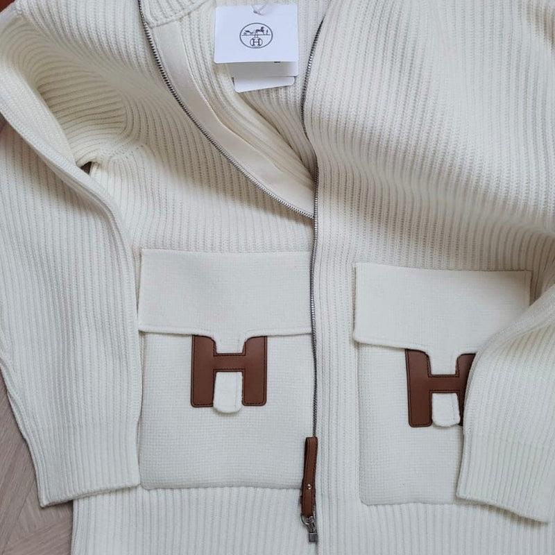 Hermes Women's Wool Knit Jacket With Leather Details In Cream, Size 34 - Found Fashion