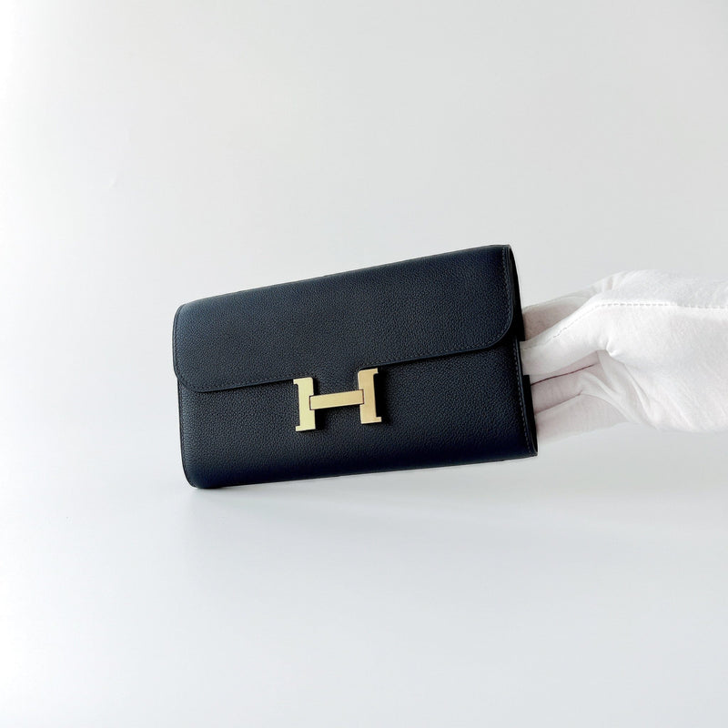 Hermes Constance Long To Go Wallet Black Rose Gold Hardware Epsom New w/  Box at 1stDibs