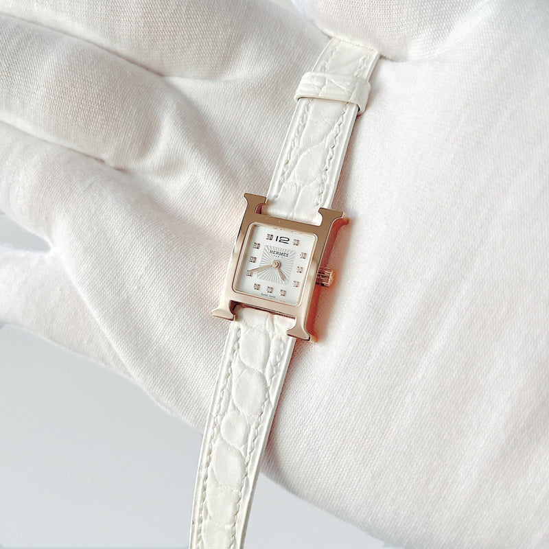 Hermes Heure H Watch In Gold With Diamonds, White Alligator Strap, 21mm