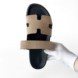 Hermes Men's Chypre Sandal In Beige And Black, Size 45 EU