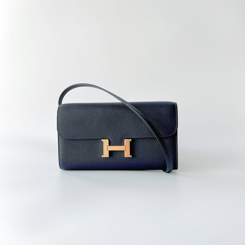 Hermes Constance Long To Go Wallet In Bleu Nuit, Navy Blue And Gold Ha –  Found Fashion