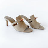 Hermes Women's Cute Sandals Beige Suede With A Rose Gold Buckle, Size 38.5