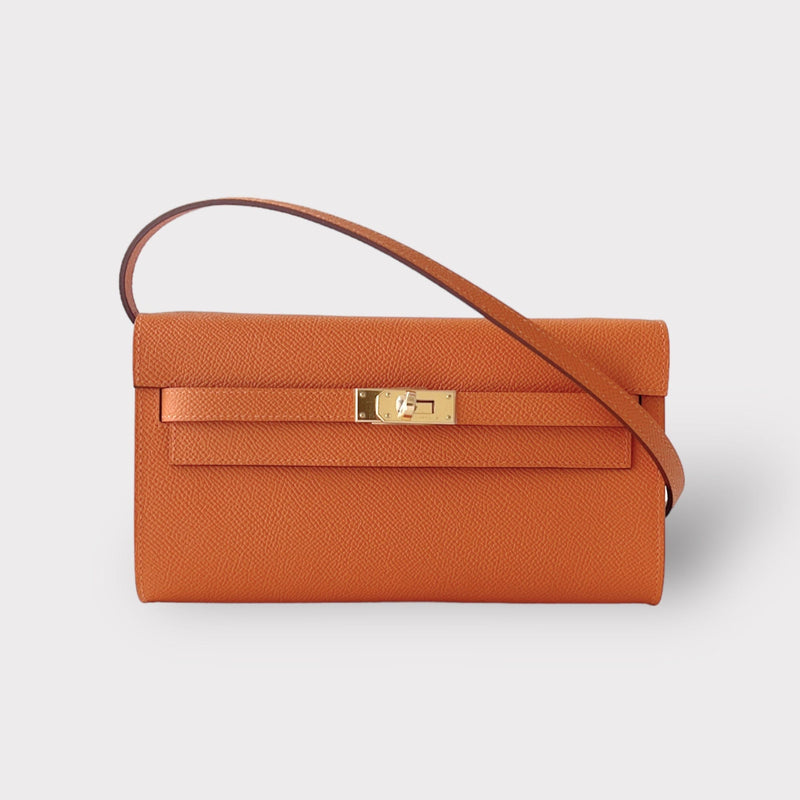 Hermes Kelly Classique To Go Wallet, In Orange, Epsom Leather With Gold Hardware