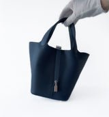Hermes Picotin Lock Bag 18 In Bleu de Prusse (Blue) Clemence Leather And Palladium Hardware