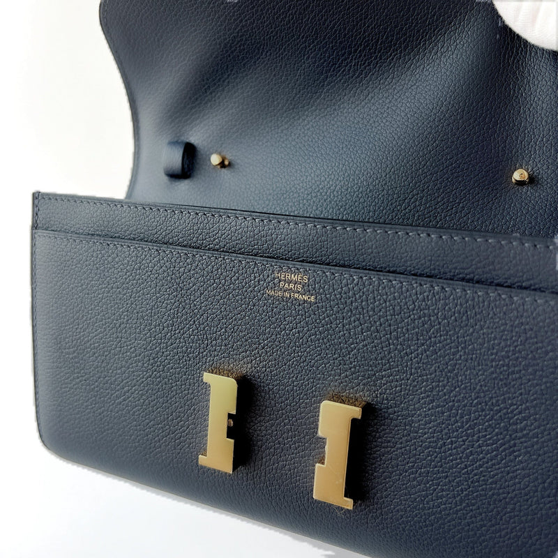 Hermes Constance Long To Go Wallet In Bleu Nuit, Navy Blue And Gold Hardware