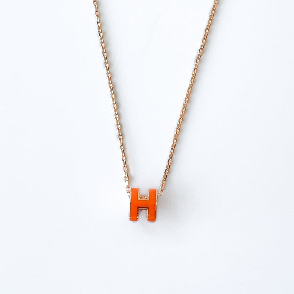 Hermes Mini Pop H Necklace In Orange Soie & Rose Gold