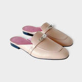 Hermes Women's Oz Mule In Beige Nude and Pink With A Silver Buckle, Size 38